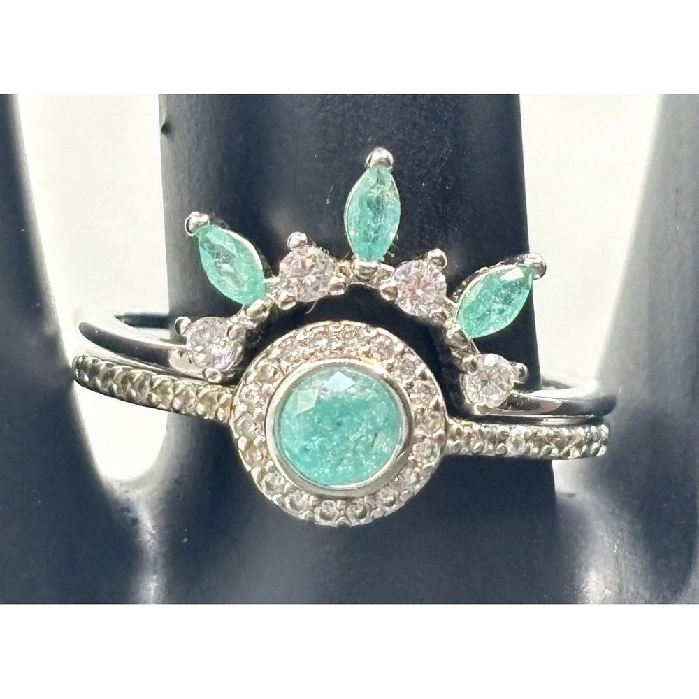 Bomb Party 2 Ring Set Green Crystal Halo CZ Stackable Silver Tone Size 9